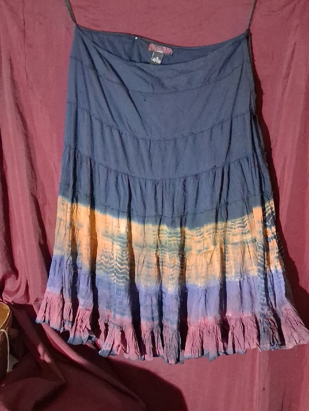 Luxe Navy Blue Tie-Dye Tiered Maxi Skirt with Orange, Purple and Pink Bands